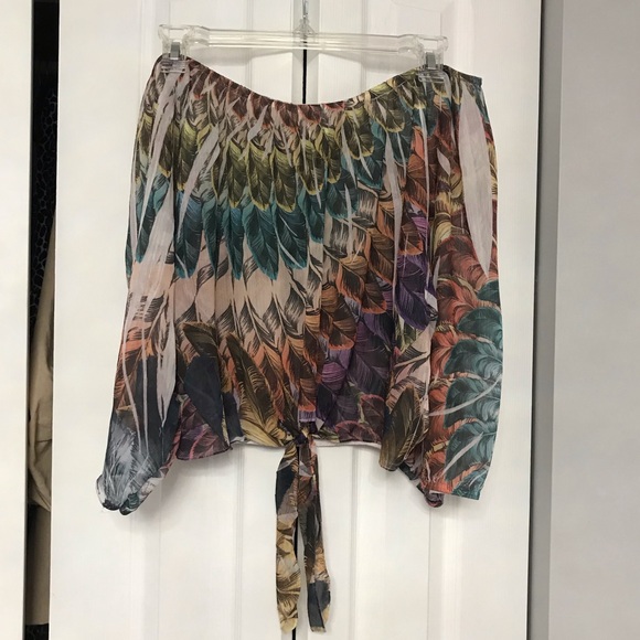 Multicolor Off The Shoulder Long Sleeve Top w/ Tie - Picture 2 of 3